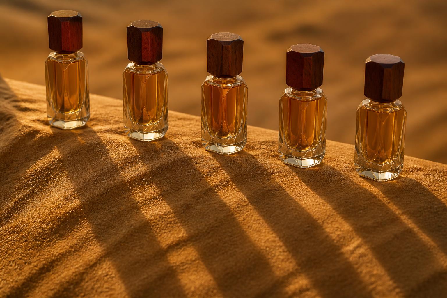 Five BADR attar bottles resting on a sunlit dune crest